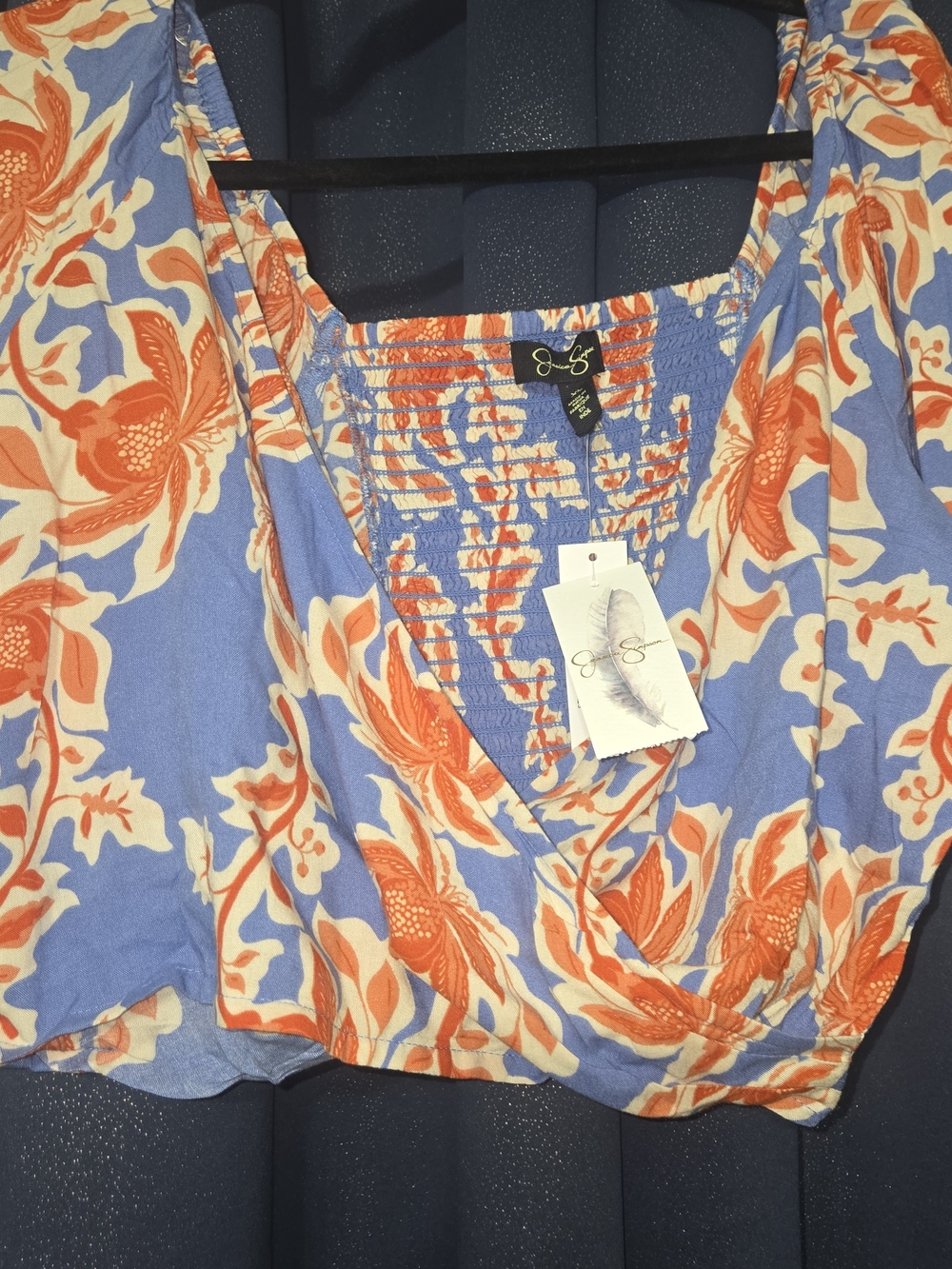Jessica Simpson Blue Crop Top with Coral Floral Print